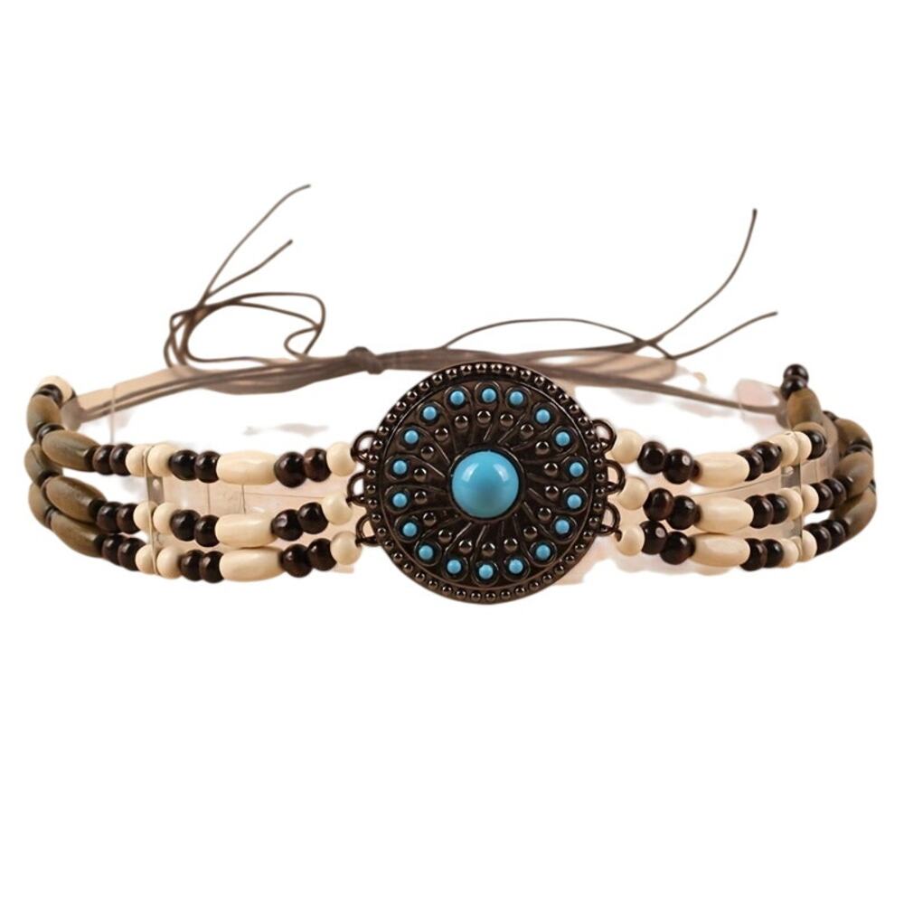Beaded Turquoise Hat Band Brown Chain Western Style Sapphires Charms Boho New